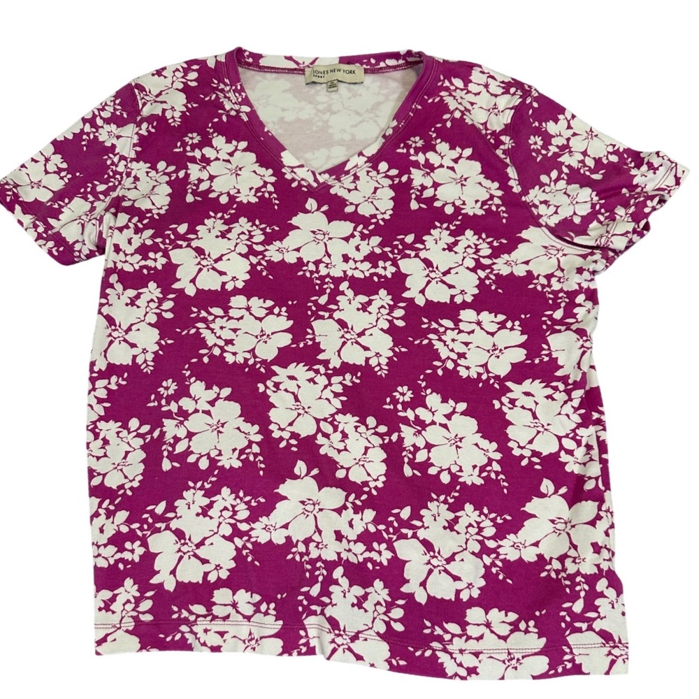 Jones New York Floral T-Shirt Womens XL Pink/White V-Neck Cotton Sport Tropical